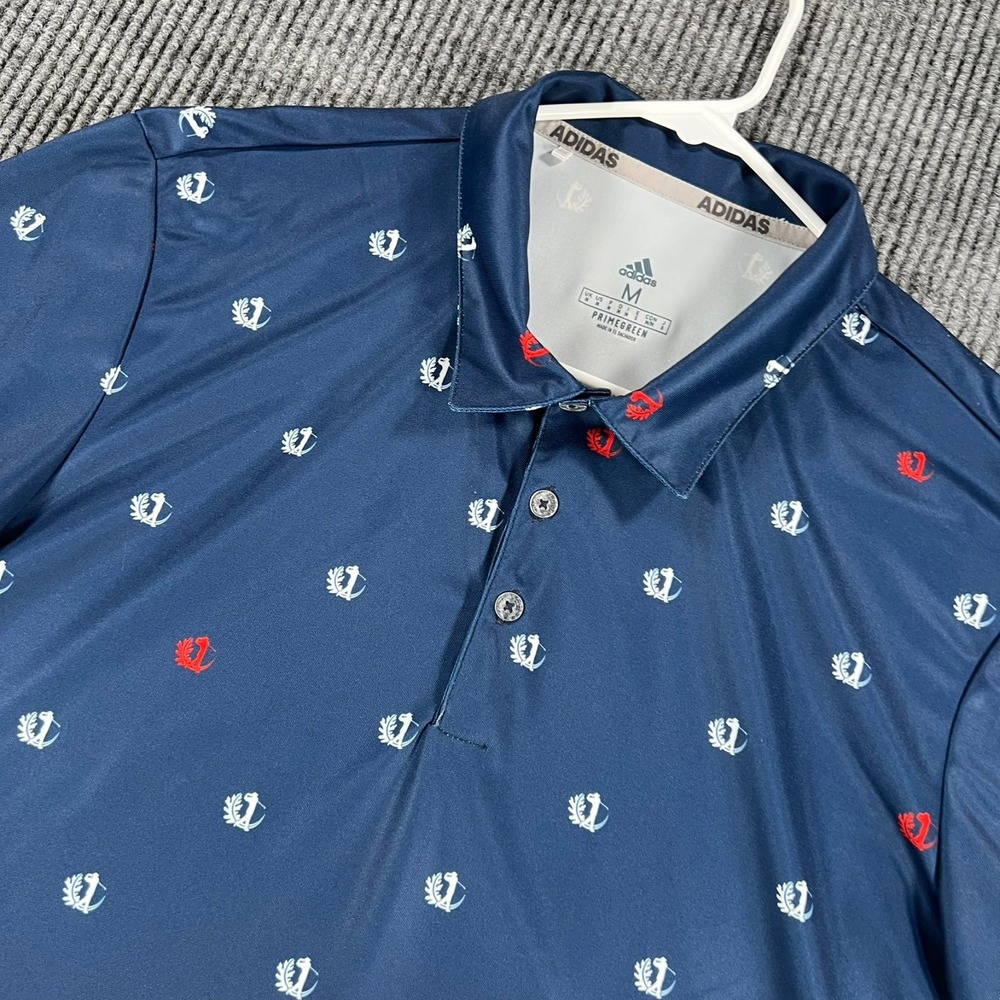 Adidas Polo Shirt Mens Medium Blue Geometric Short Sleeve Performance Outdoor